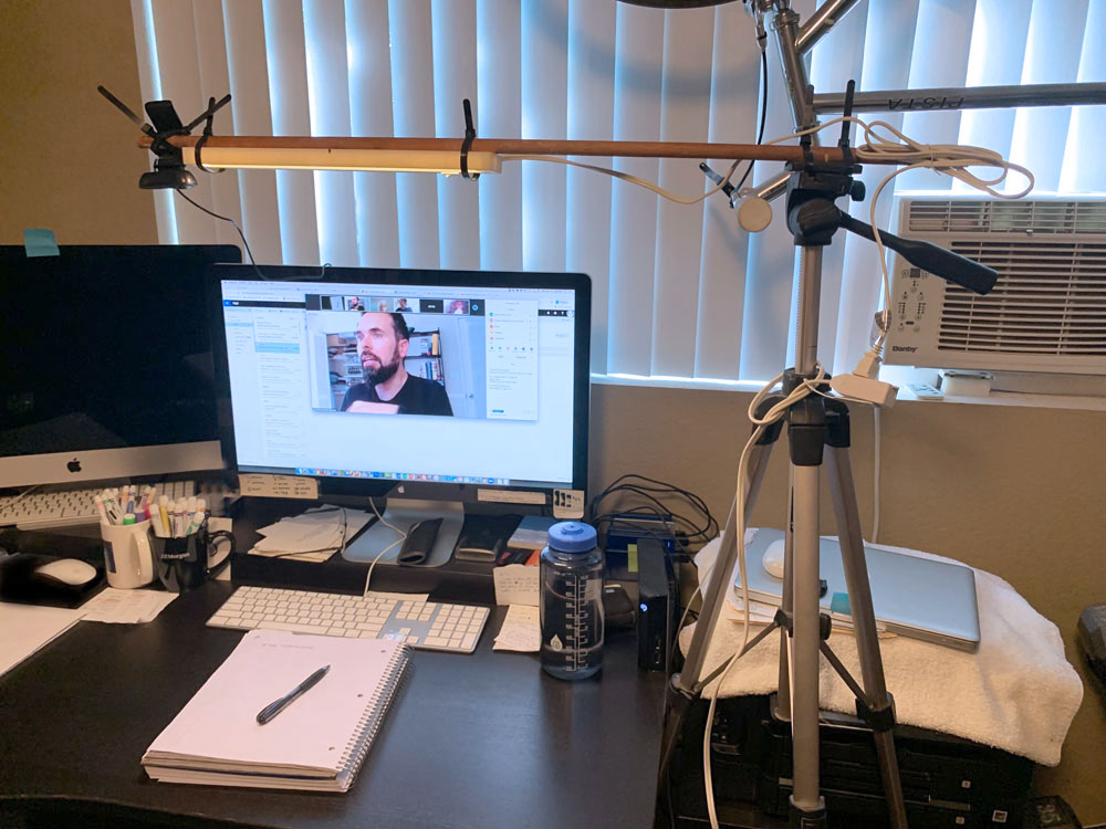 Webcam mounted on a tripod over my desk